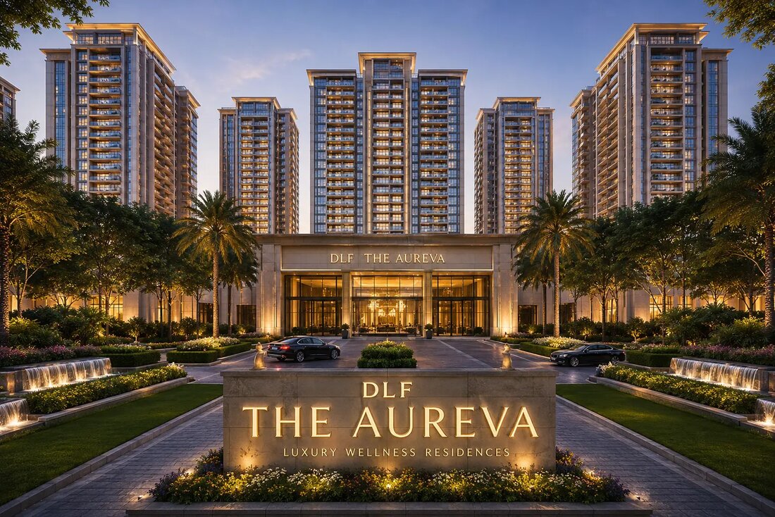 DLF The Aureva — conceptual render of entrance and signage